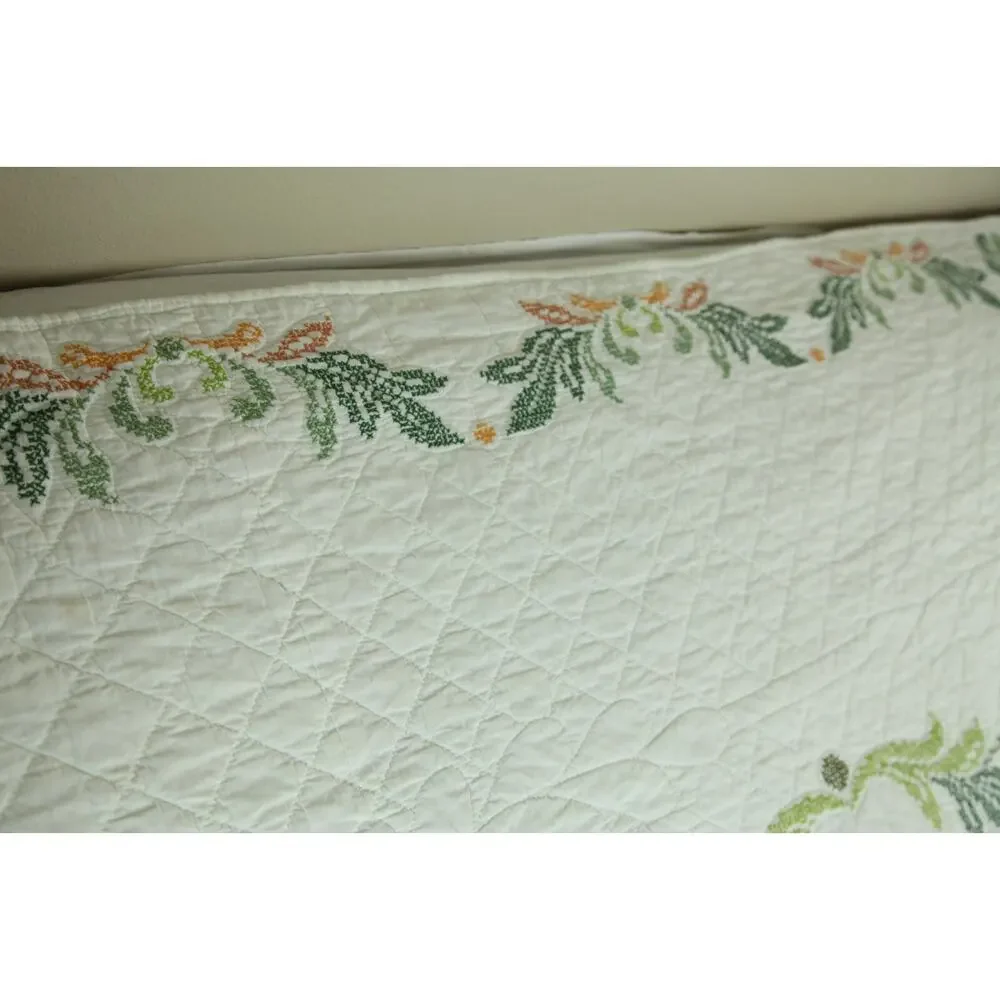 Vintage Needlepoint Bedspread Floral Cottagecore Granny Full 86